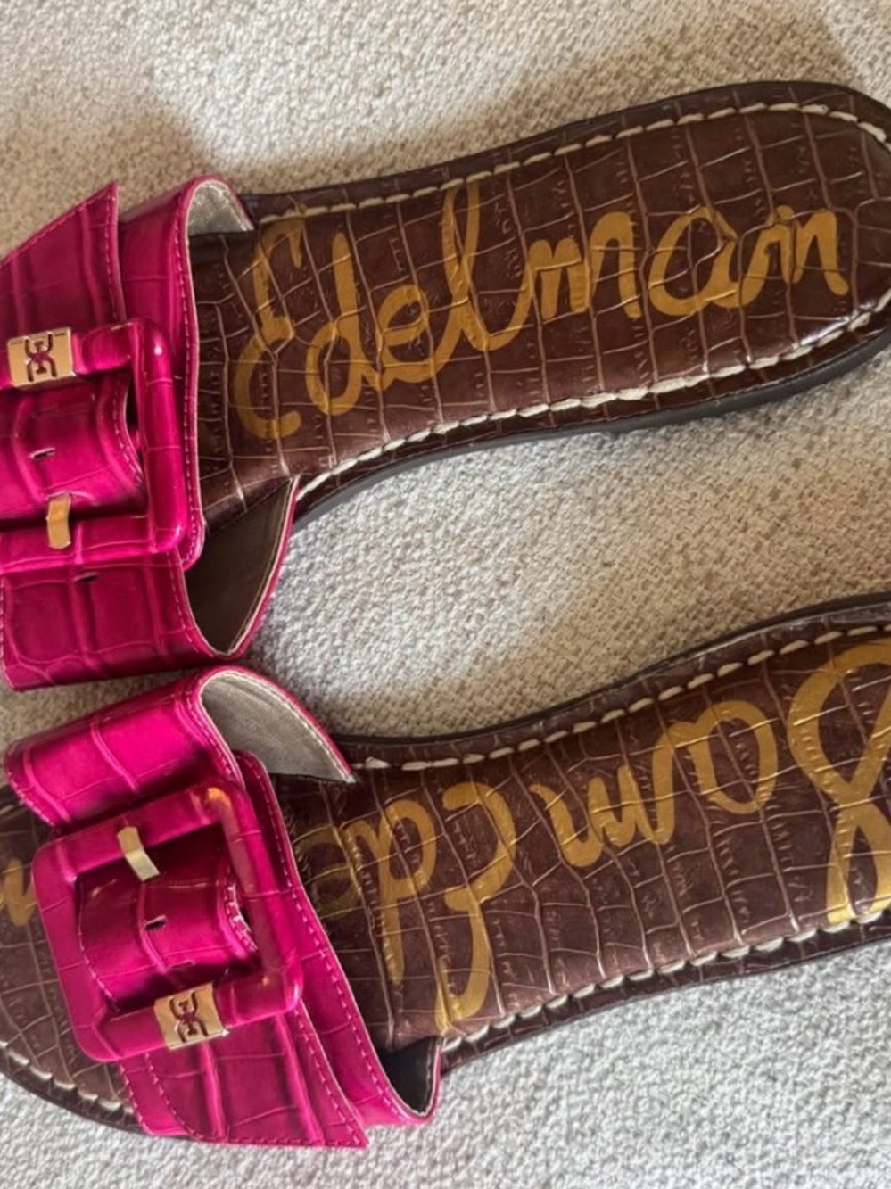 Sam Edelman Fuchsia Croc-Embossed Buckle Slide Mules